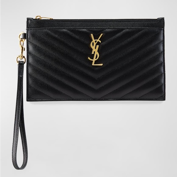 NEW! YSL Monogram Matelassé Saint Laurent Large Quilted Zip Wristlet CLUTCH Blac - Picture 1 of 16